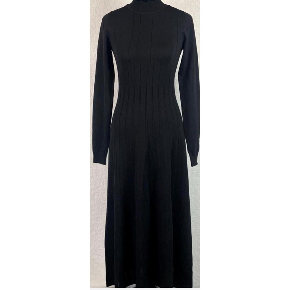 Zara Black Ribbed Knit Mock Neck Long Sleeve A-Line Midi Dress Medium NWT